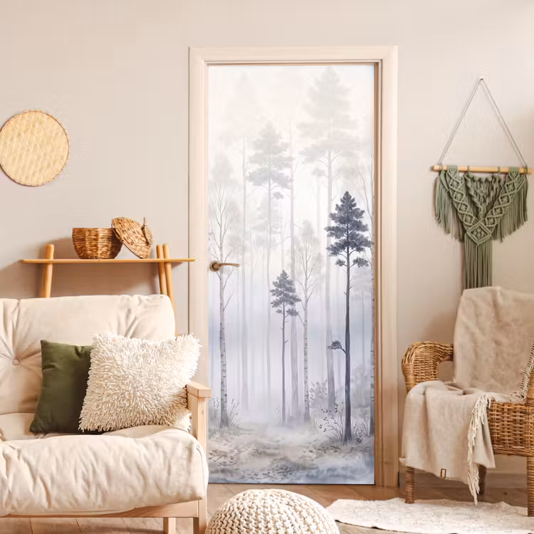 Deursticker - Bos - Bomen - Mist - Natuur - Illustratie - Grijs — 4