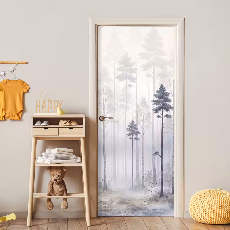 Deursticker - Bos - Bomen - Mist - Natuur - Illustratie - Grijs — 6