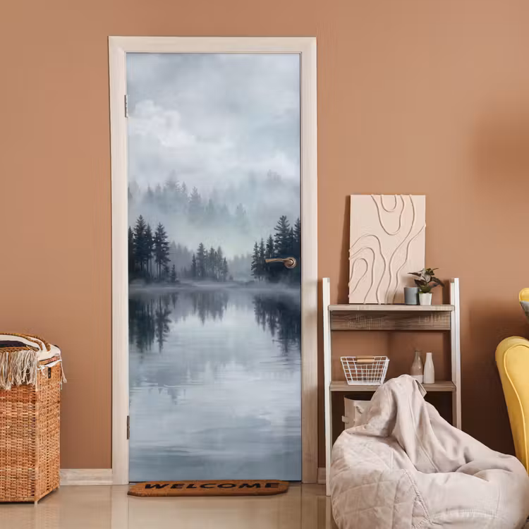 Deursticker - Bos - Meer - Mist - Natuur - Grijs — 2