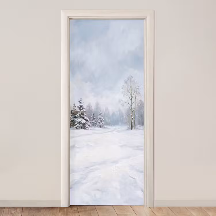 Deursticker - Bospad - Dennen - Sneeuw - Winter - Rustgevend — 1