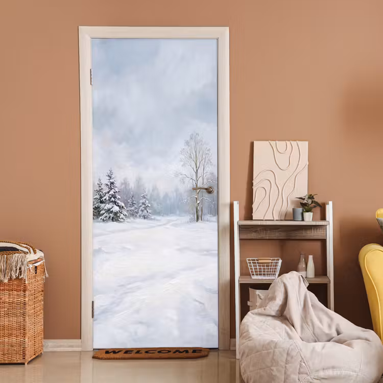 Deursticker - Bospad - Dennen - Sneeuw - Winter - Rustgevend — 2