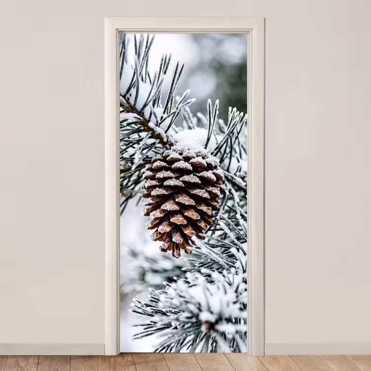 Deursticker - Dennenappel - Tak - Sneeuw - Winter - Sfeervol — 1