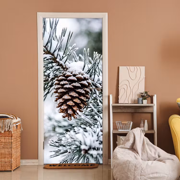 Deursticker - Dennenappel - Tak - Sneeuw - Winter - Sfeervol — 2