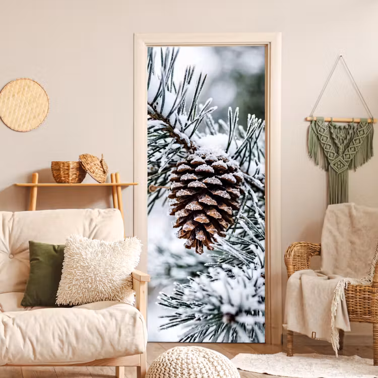Deursticker - Dennenappel - Tak - Sneeuw - Winter - Sfeervol — 4