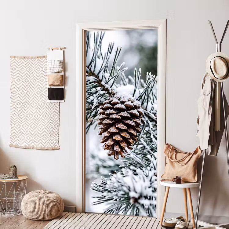 Deursticker - Dennenappel - Tak - Sneeuw - Winter - Sfeervol — 8