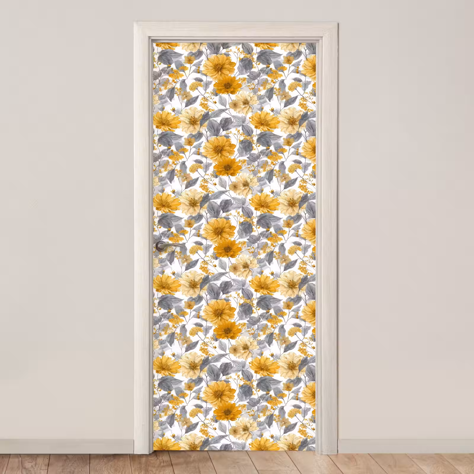 Deursticker - Bloemen - Botanisch - Elegant - Okergeel - Grijs — 1