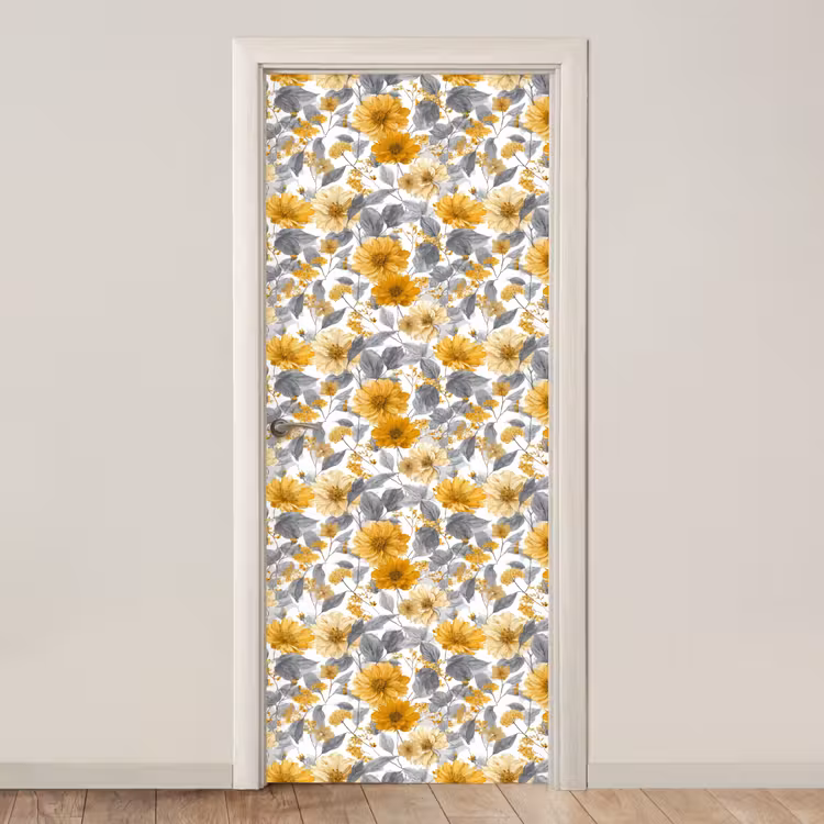 Deursticker - Bloemen - Botanisch - Elegant - Okergeel - Grijs — 1