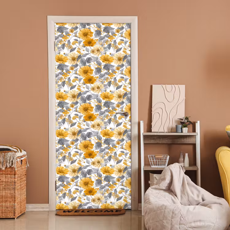 Deursticker - Bloemen - Botanisch - Elegant - Okergeel - Grijs — 2