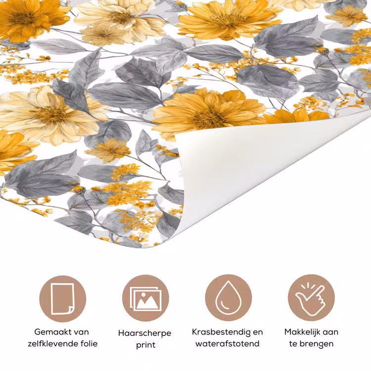 Deursticker - Bloemen - Botanisch - Elegant - Okergeel - Grijs — 3