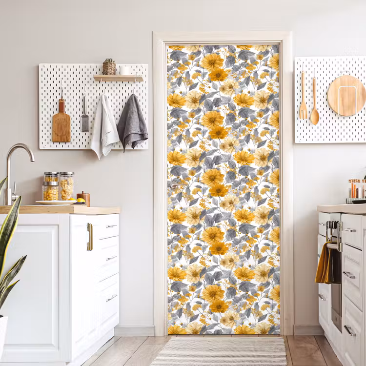 Deursticker - Bloemen - Botanisch - Elegant - Okergeel - Grijs — 7