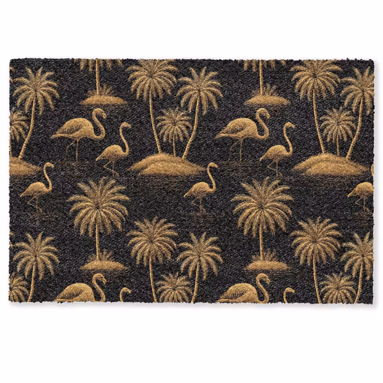 Deurmat - Flamingo - Palmbomen - Tropisch - Goud - Zwart — 1