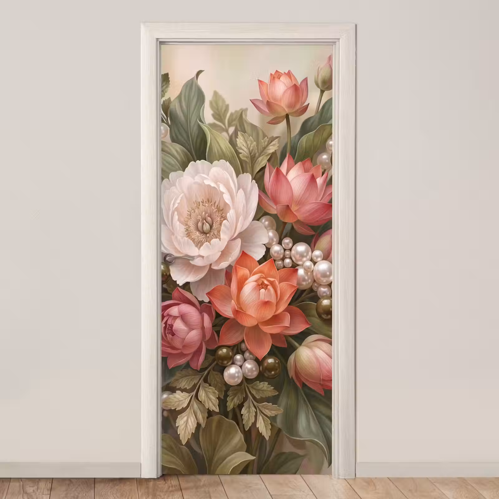 Deursticker - Bloemen - Parels - Elegant - Roze - Wit — 1