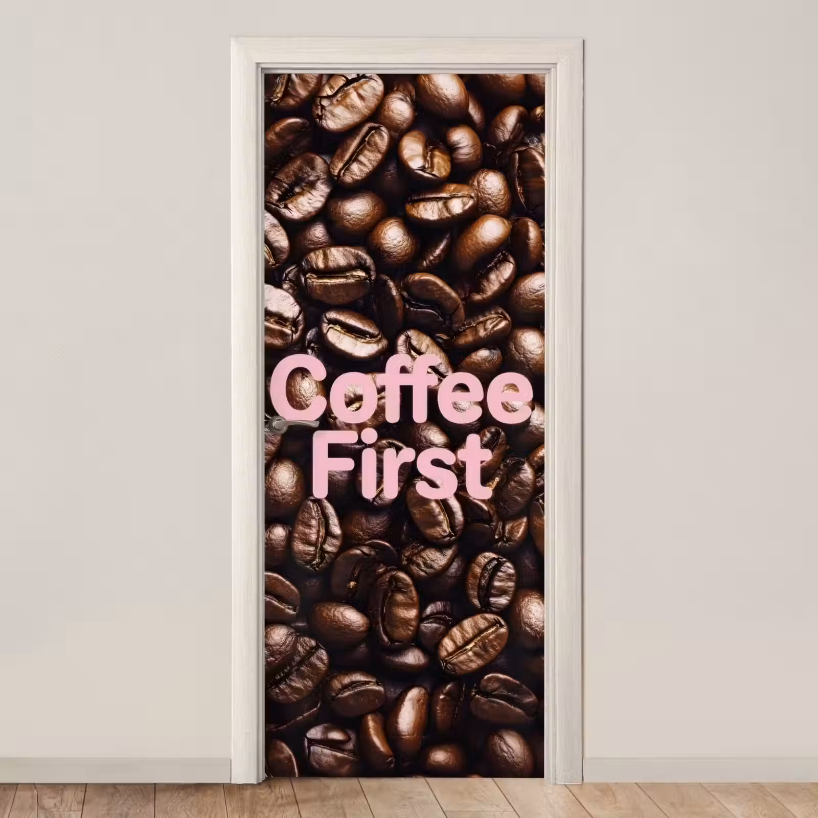 Deursticker - Coffee First - Koffiebonen - Roze — 1