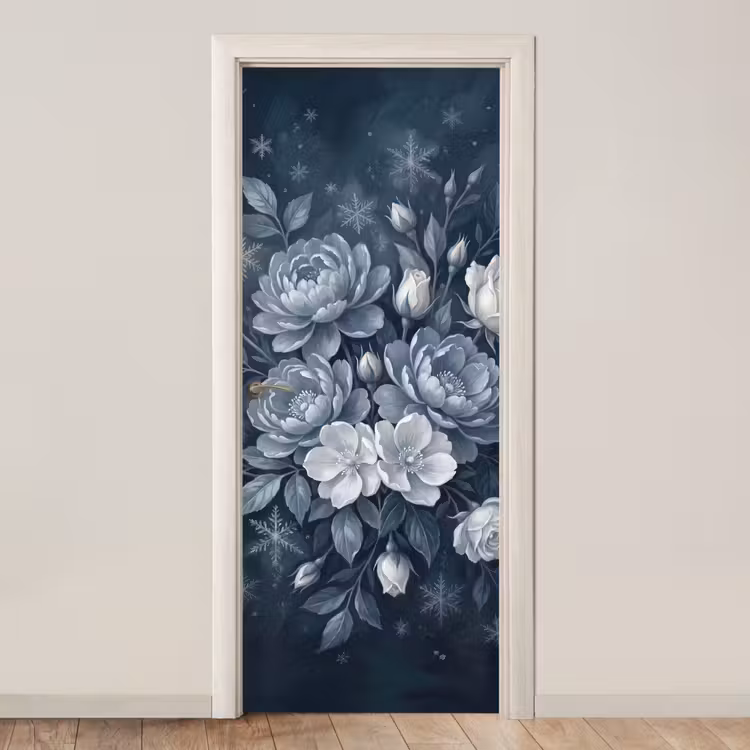 Deursticker - Bloemen - Boeket - Winter - Abstract - Blauw — 1