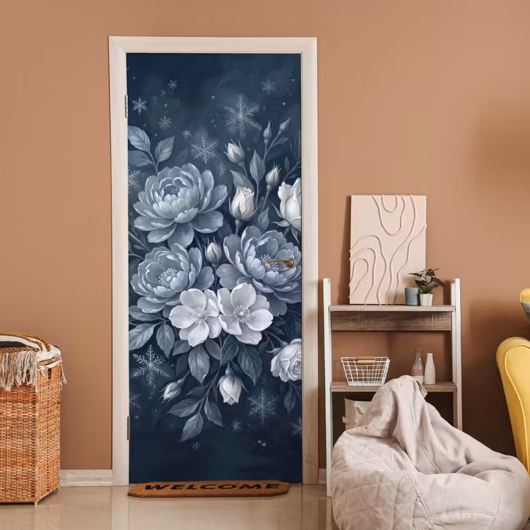 Deursticker - Bloemen - Boeket - Winter - Abstract - Blauw — 2