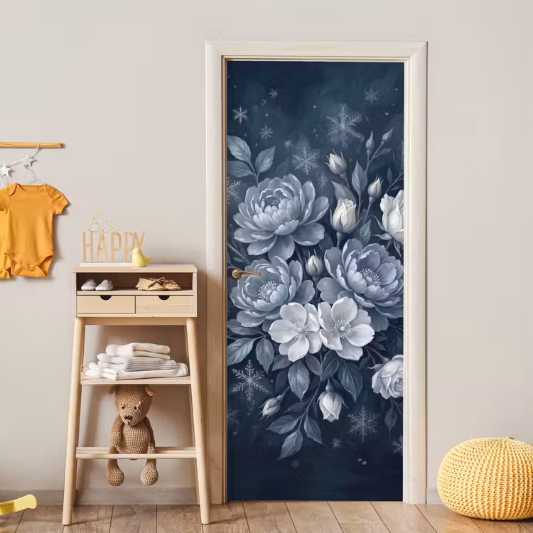 Deursticker - Bloemen - Boeket - Winter - Abstract - Blauw — 6
