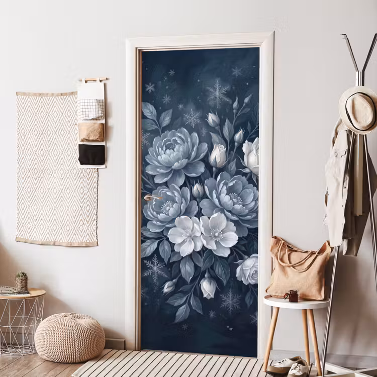 Deursticker - Bloemen - Boeket - Winter - Abstract - Blauw — 8