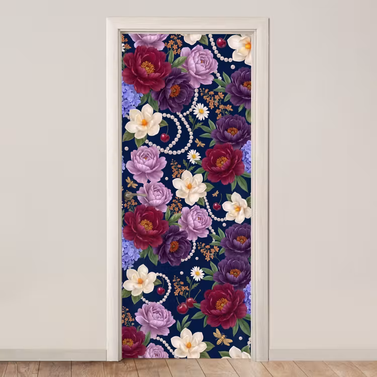 Deursticker - Bloemen - Parels - Decoratie - Modern - Blauw — 1