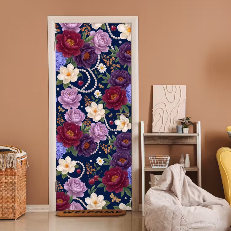 Deursticker - Bloemen - Parels - Decoratie - Modern - Blauw — 2