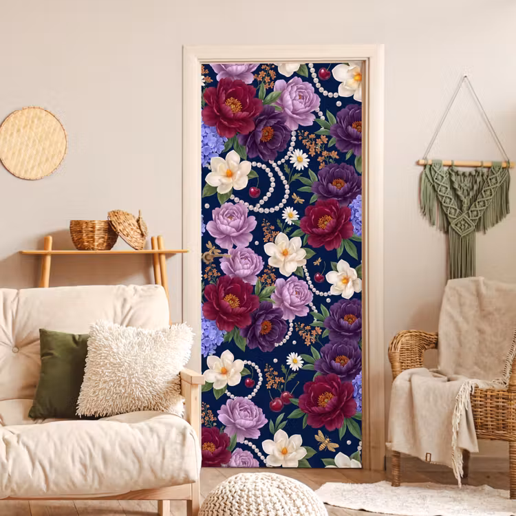 Deursticker - Bloemen - Parels - Decoratie - Modern - Blauw — 4