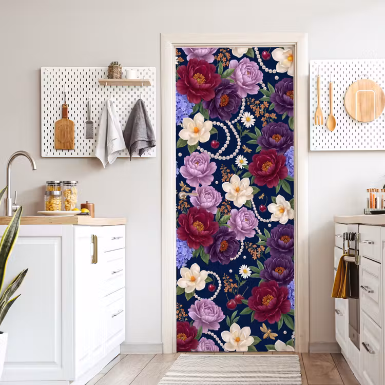 Deursticker - Bloemen - Parels - Decoratie - Modern - Blauw — 7