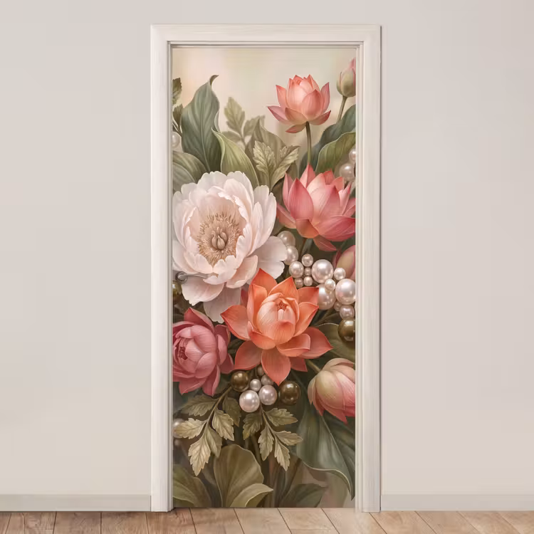Deursticker - Bloemen - Parels - Elegant - Roze - Wit — 1
