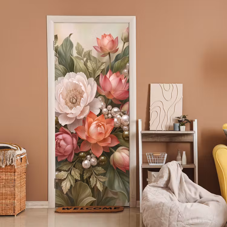 Deursticker - Bloemen - Parels - Elegant - Roze - Wit — 2