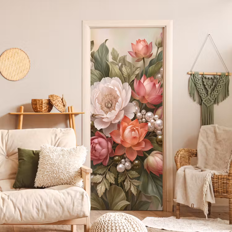 Deursticker - Bloemen - Parels - Elegant - Roze - Wit — 4