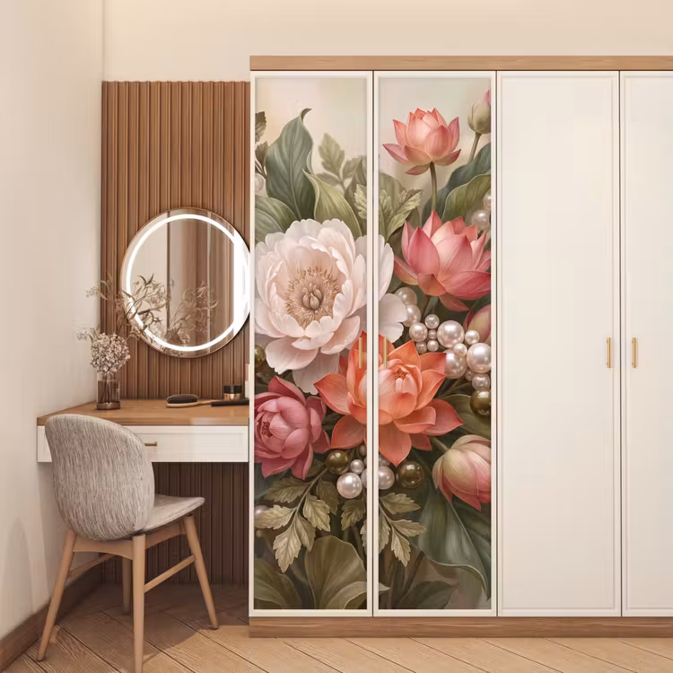 Deursticker - Bloemen - Parels - Elegant - Roze - Wit — 5