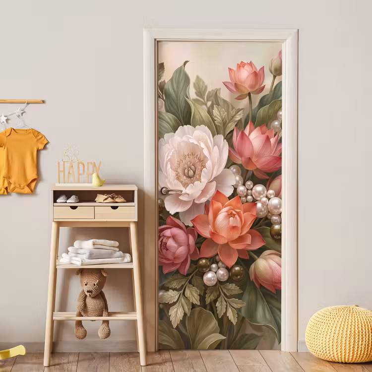 Deursticker - Bloemen - Parels - Elegant - Roze - Wit — 6