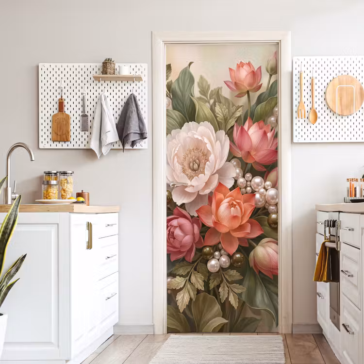 Deursticker - Bloemen - Parels - Elegant - Roze - Wit — 7