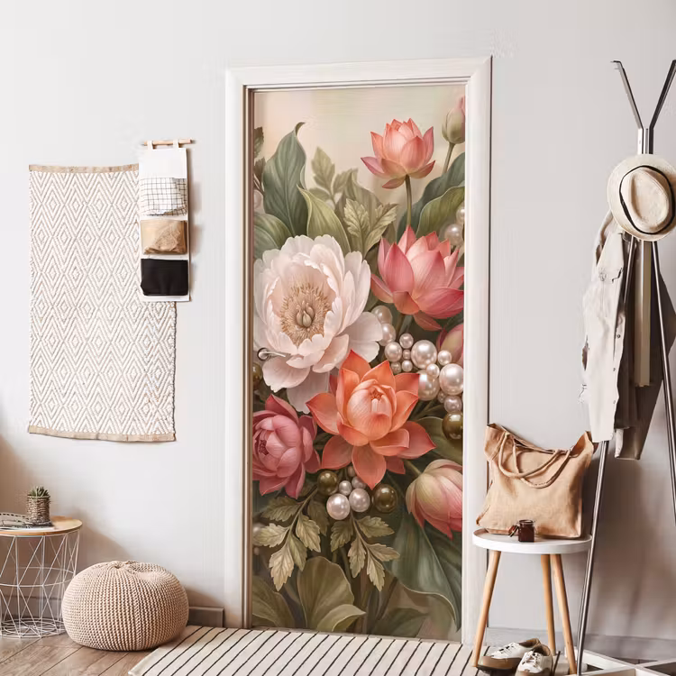Deursticker - Bloemen - Parels - Elegant - Roze - Wit — 8