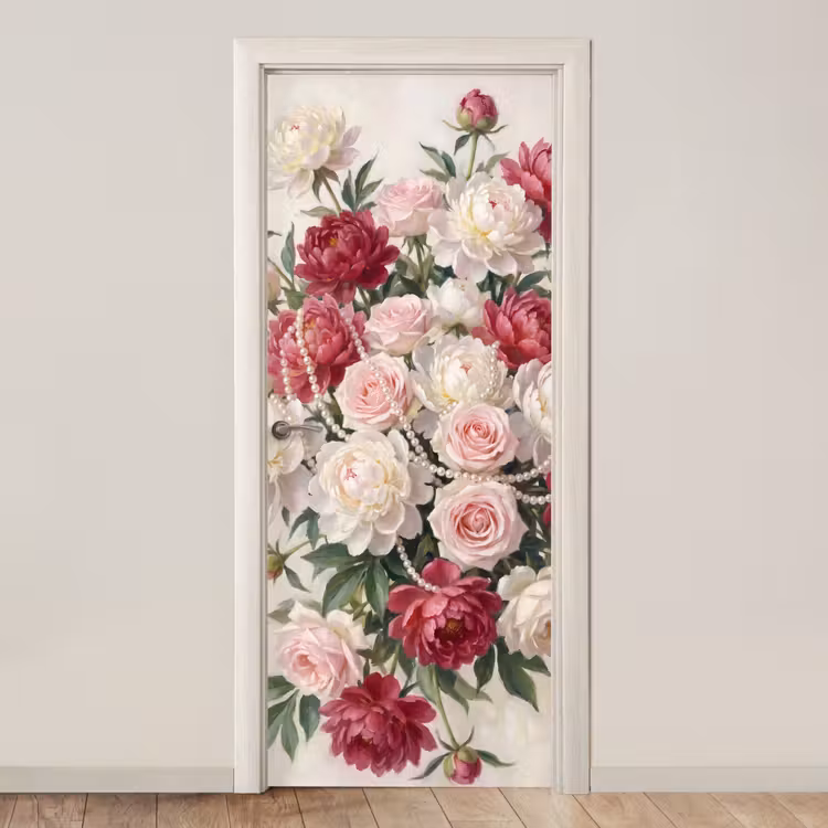 Deursticker - Bloemen - Parels - Romantiek - Klassiek - Roze — 1