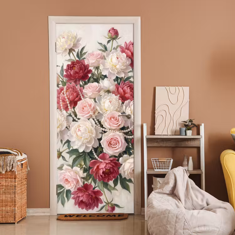 Deursticker - Bloemen - Parels - Romantiek - Klassiek - Roze — 2