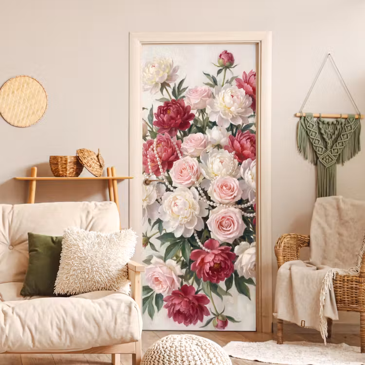 Deursticker - Bloemen - Parels - Romantiek - Klassiek - Roze — 4