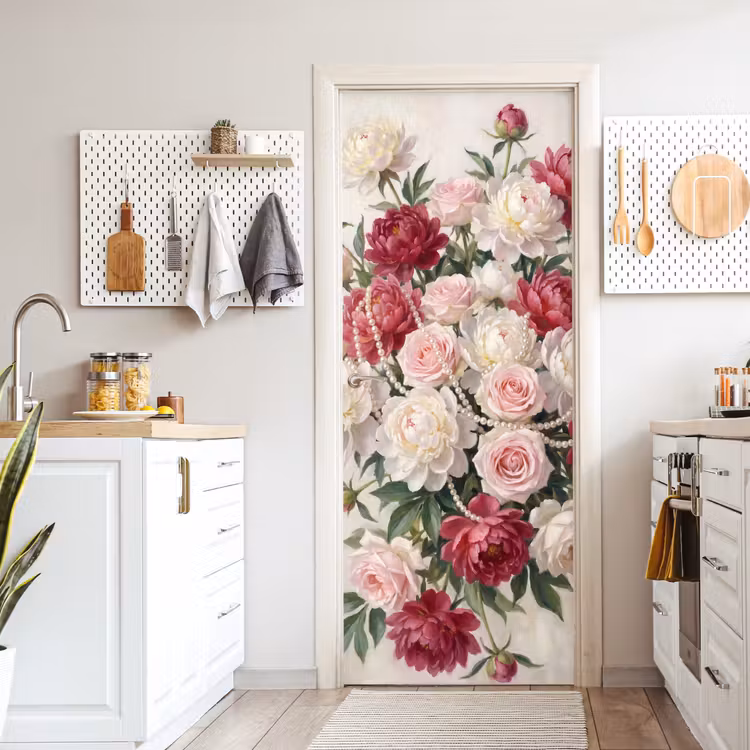 Deursticker - Bloemen - Parels - Romantiek - Klassiek - Roze — 7