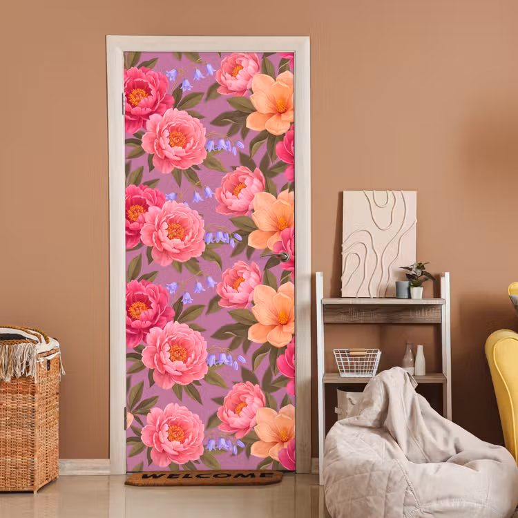 Deursticker - Bloemen - Patroon - Illustratie - Roze — 2