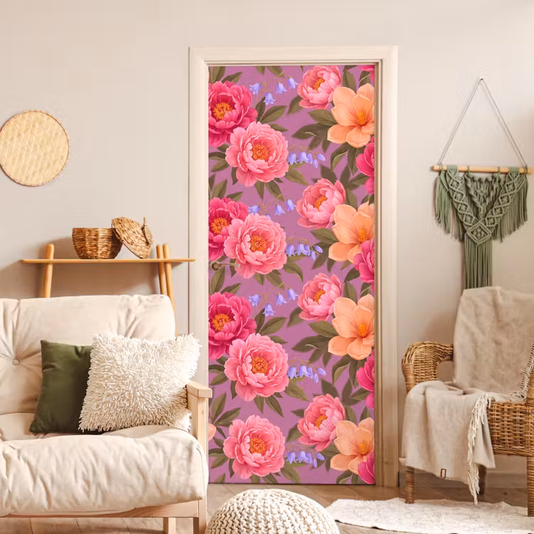 Deursticker - Bloemen - Patroon - Illustratie - Roze — 4