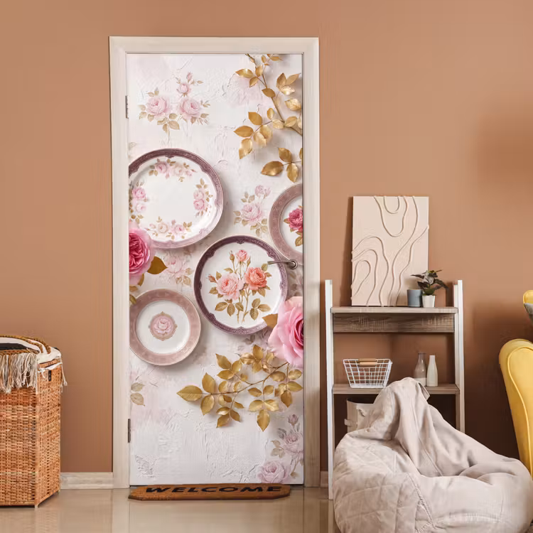 Deursticker - Bloemen - Patroon - Vintage - Roze - Decoratie — 2