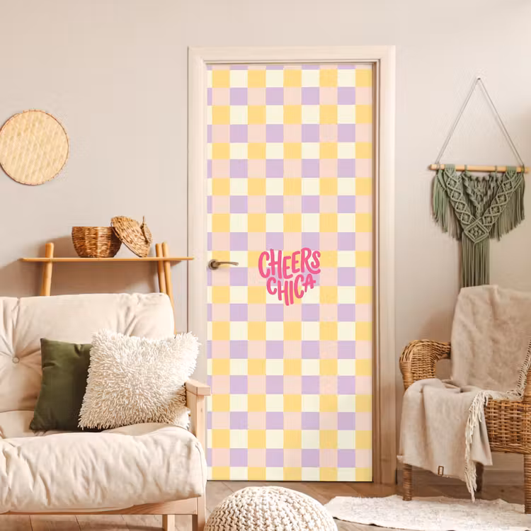 Deursticker - Cheers Chica - Ruitjes - Lila - Geel — 4