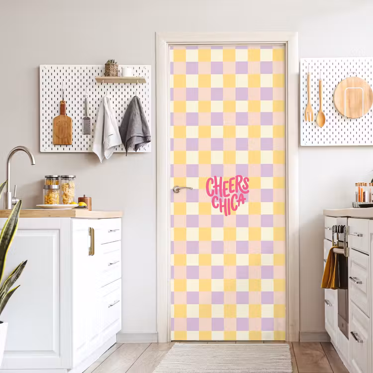 Deursticker - Cheers Chica - Ruitjes - Lila - Geel — 7
