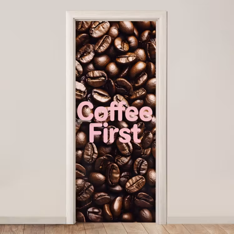 Deursticker - Coffee First - Koffiebonen - Roze — 1