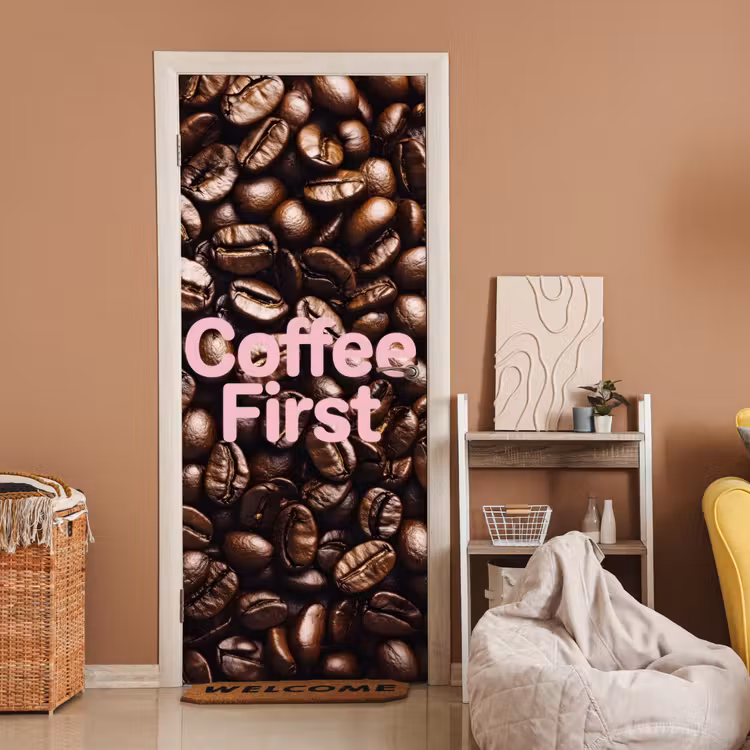 Deursticker - Coffee First - Koffiebonen - Roze — 2