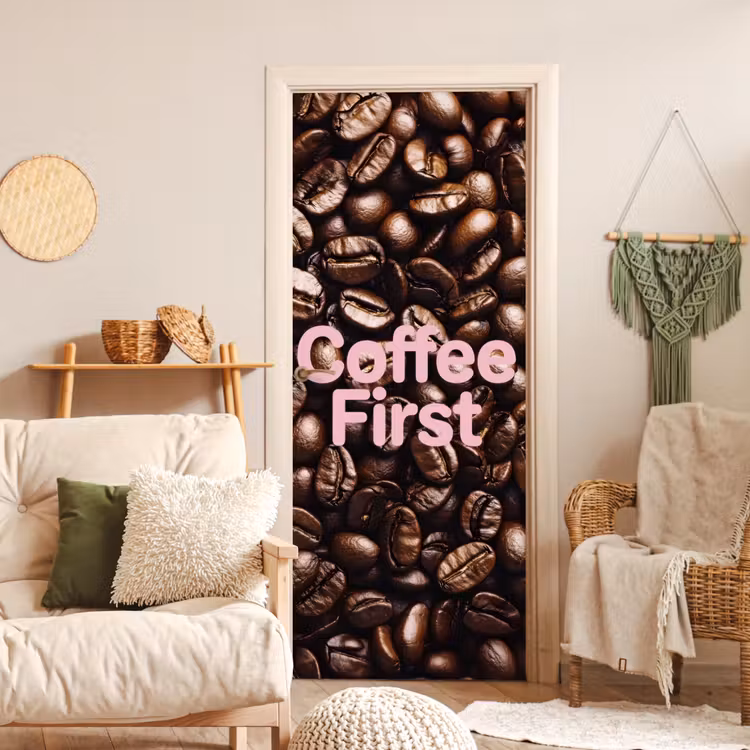 Deursticker - Coffee First - Koffiebonen - Roze — 4