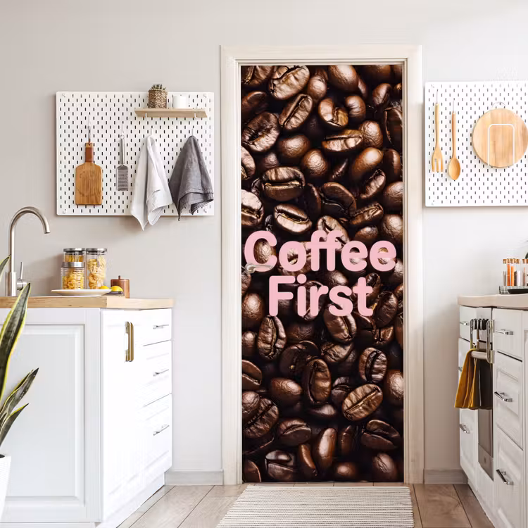 Deursticker - Coffee First - Koffiebonen - Roze — 7