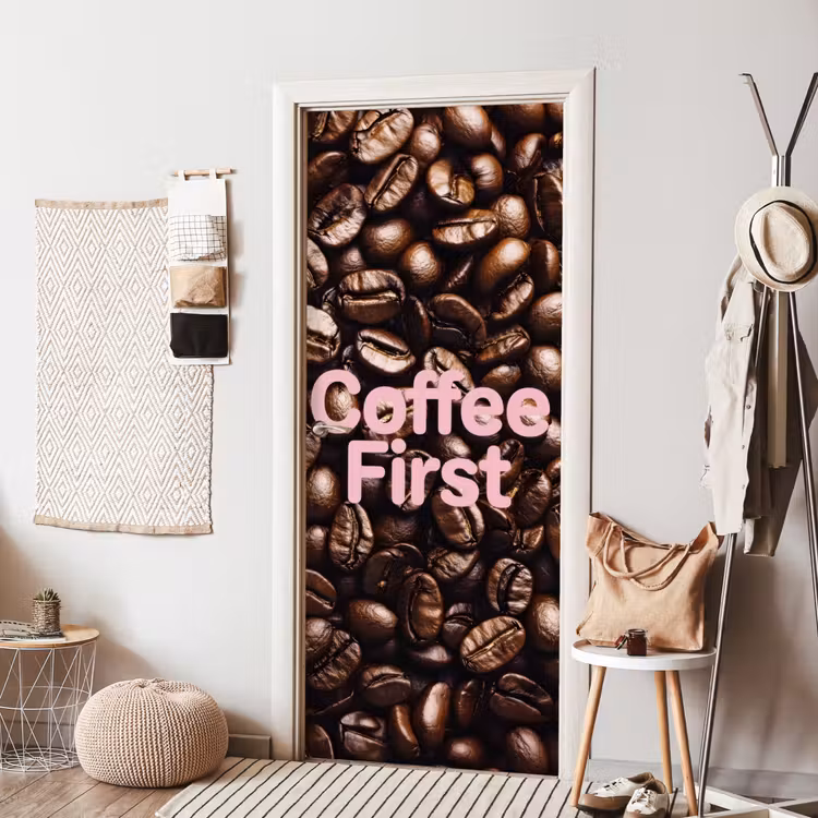 Deursticker - Coffee First - Koffiebonen - Roze — 8