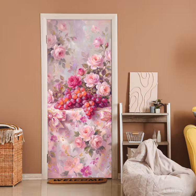 Deursticker - Eten - Bloemen - Stilleven - Roze - Goud — 2