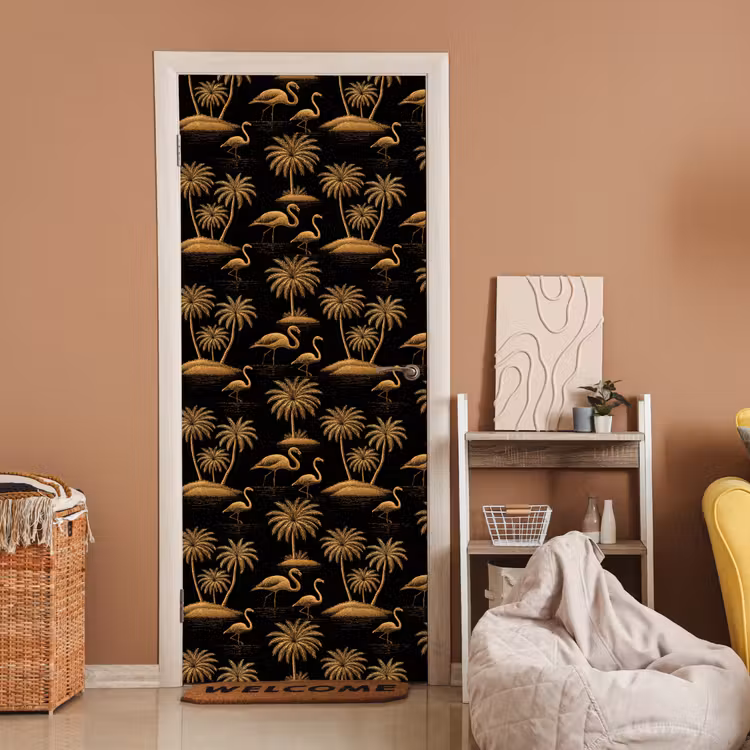 Deursticker - Flamingo - Palmbomen - Tropisch - Goud - Zwart — 2