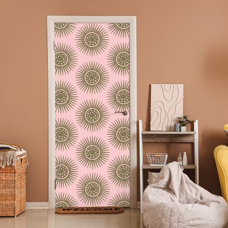Deursticker - Bloemen - Patroon - Abstract - Roze - Groen — 2
