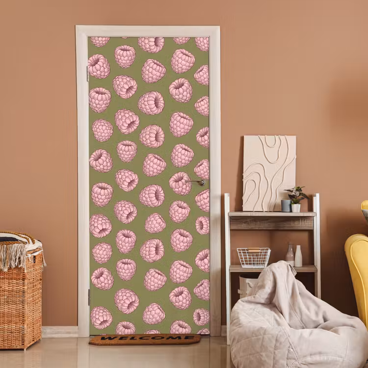 Deursticker - Eten - Patroon - Illustratie - Roze - Groen — 2